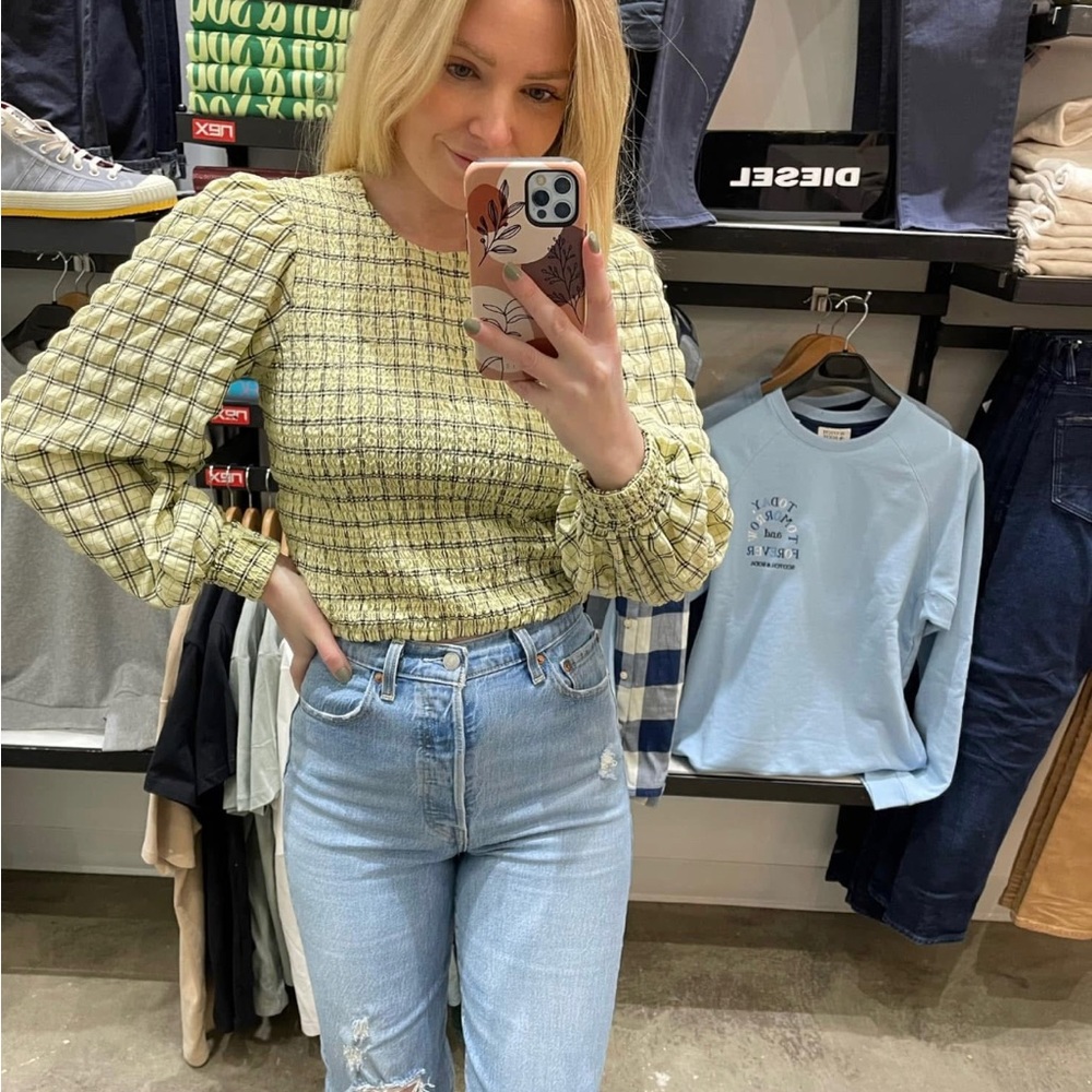 Scotch and Soda Yellow Plaid Puff Sleeve Top